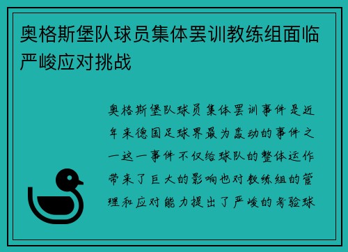 奥格斯堡队球员集体罢训教练组面临严峻应对挑战