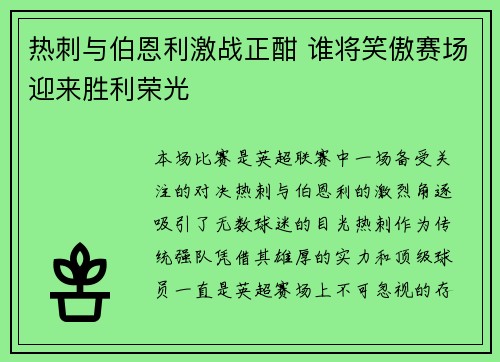 热刺与伯恩利激战正酣 谁将笑傲赛场迎来胜利荣光