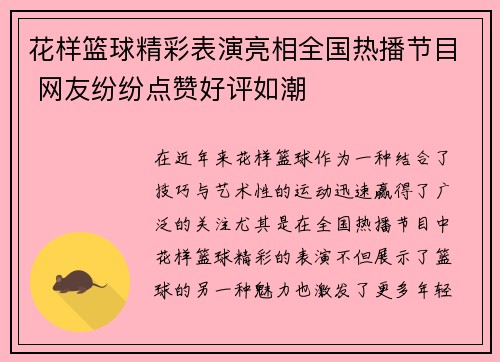 花样篮球精彩表演亮相全国热播节目 网友纷纷点赞好评如潮